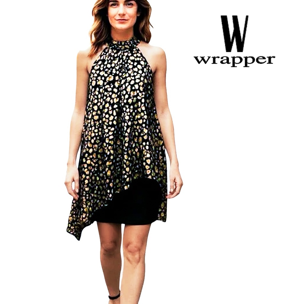 Wrapper Halter Dress Gold Metallic Animal Print Party Cocktail Flowy Overlay